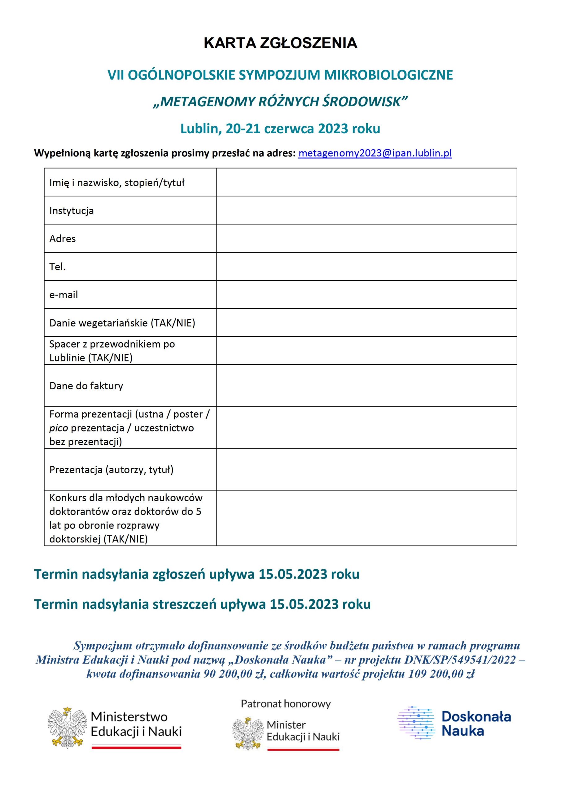 Karta zgłoszenia VII Ogólnopolskie Sympozjum Mikrobiologiczne